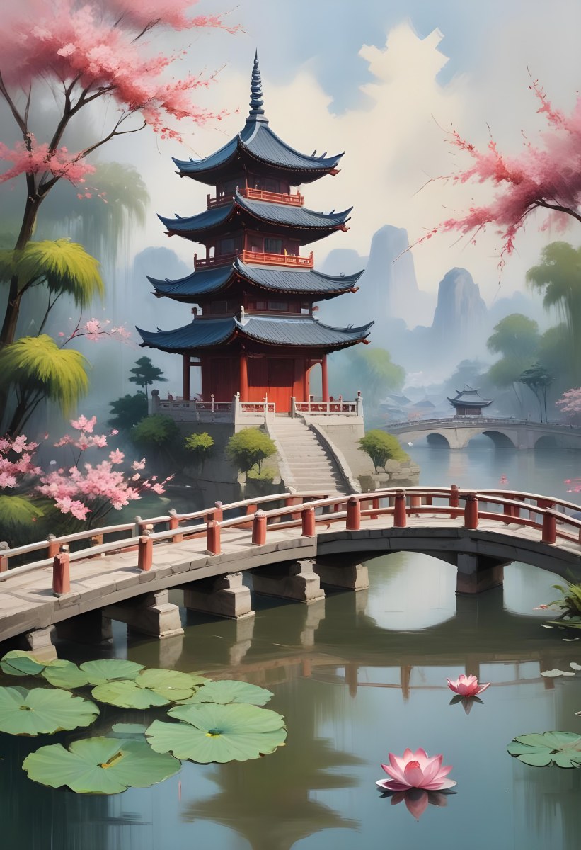 Watercolor Painting A Chinese Pagoda On A Bridge With Lotus Flowers In The Foreground Creative Detailed Brush Stroke Minimal Spalsh 32 E41c
