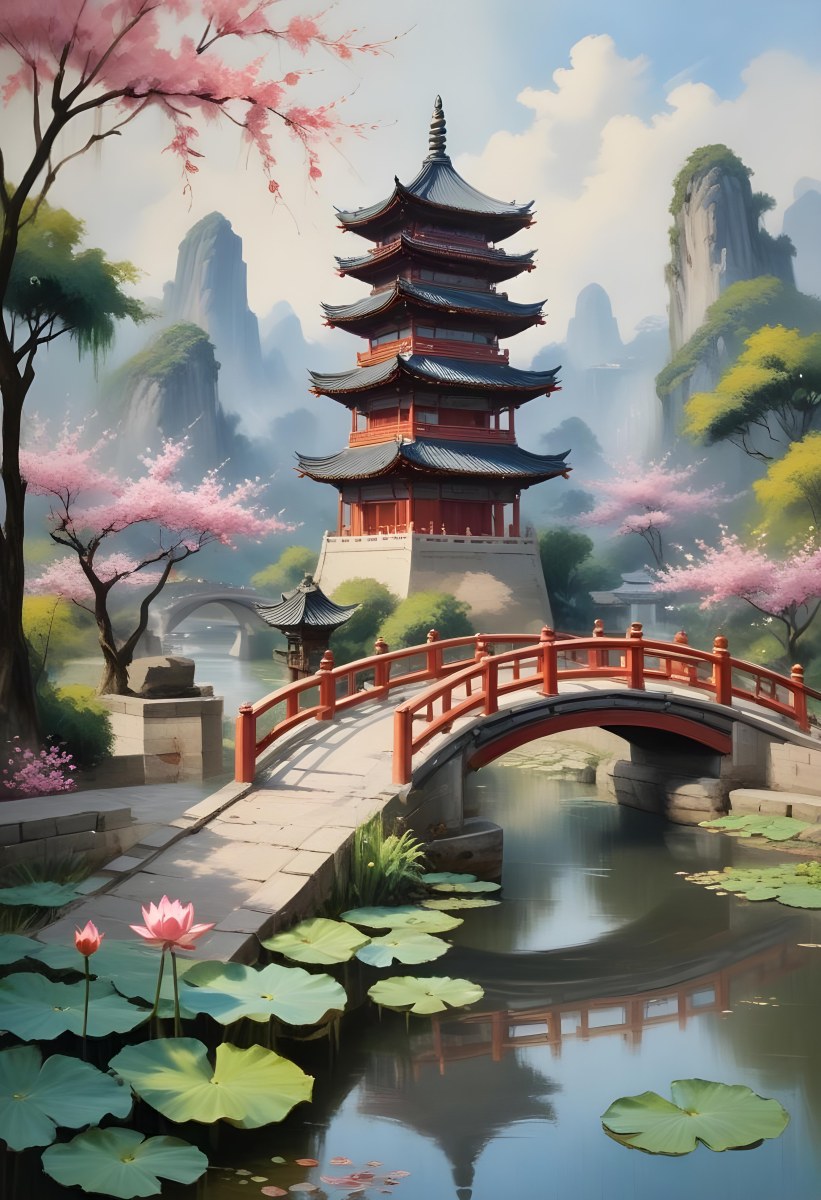 Watercolor Painting A Chinese Pagoda On A Bridge With Lotus Flowers In The Foreground Creative Detailed Brush Stroke Minimal Spalsh 4 Fa86