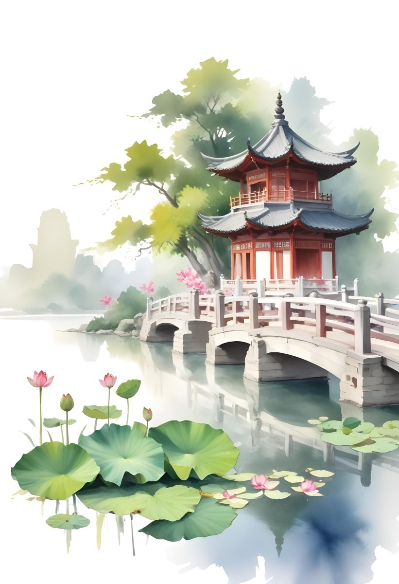 Watercolor Painting A Chinese Pagoda On A Bridge With Lotus Flowers In The Foreground Creative Detailed Brush Stroke Minimal Spalsh 42 17b7