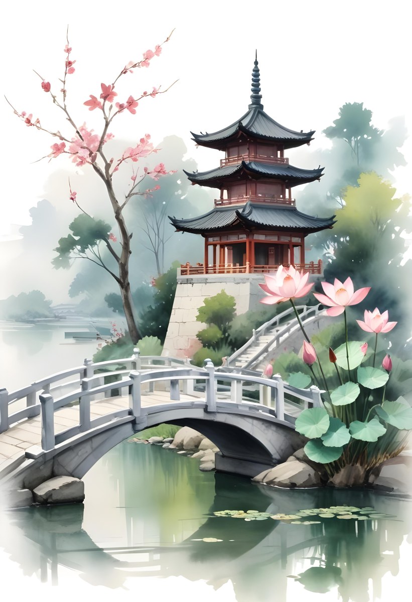 Watercolor Painting A Chinese Pagoda On A Bridge With Lotus Flowers In The Foreground Creative Detailed Brush Stroke Minimal Spalsh 43 E4e1
