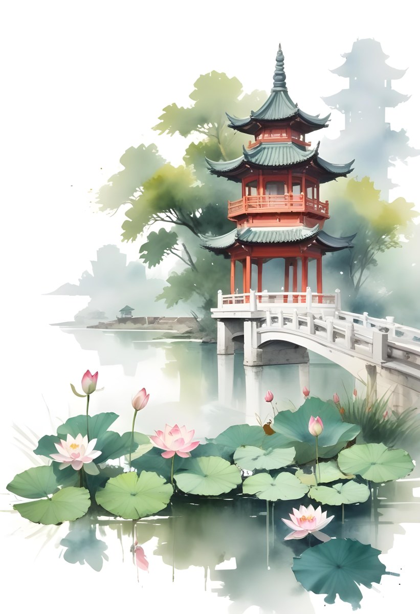 Watercolor Painting A Chinese Pagoda On A Bridge With Lotus Flowers In The Foreground Creative Detailed Brush Stroke Minimal Spalsh 44 177d