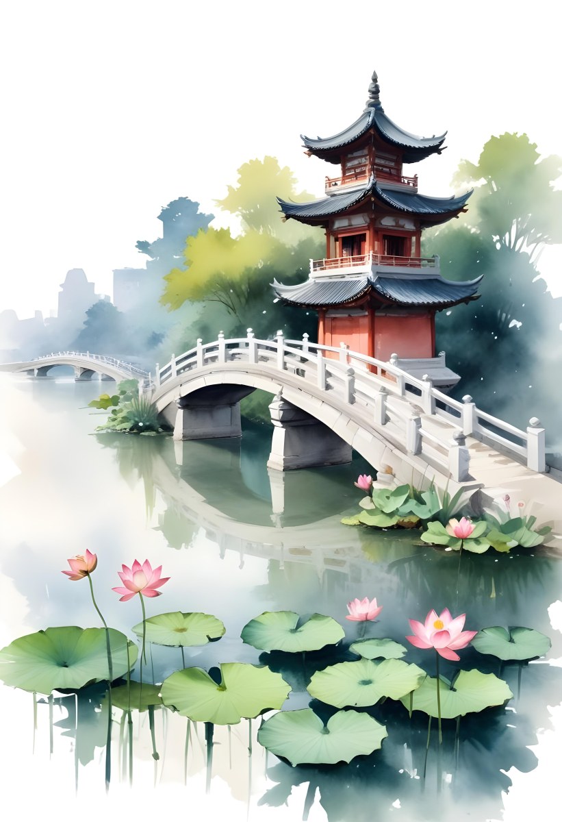 Watercolor Painting A Chinese Pagoda On A Bridge With Lotus Flowers In The Foreground Creative Detailed Brush Stroke Minimal Spalsh 46 0dee