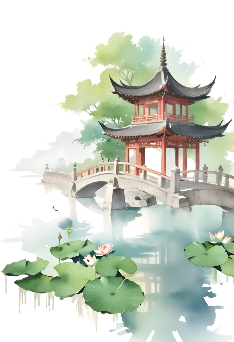 Watercolor Painting A Chinese Pagoda On A Bridge With Lotus Flowers In The Foreground Creative Detailed Brush Stroke Minimal Spalsh 47 Aca4