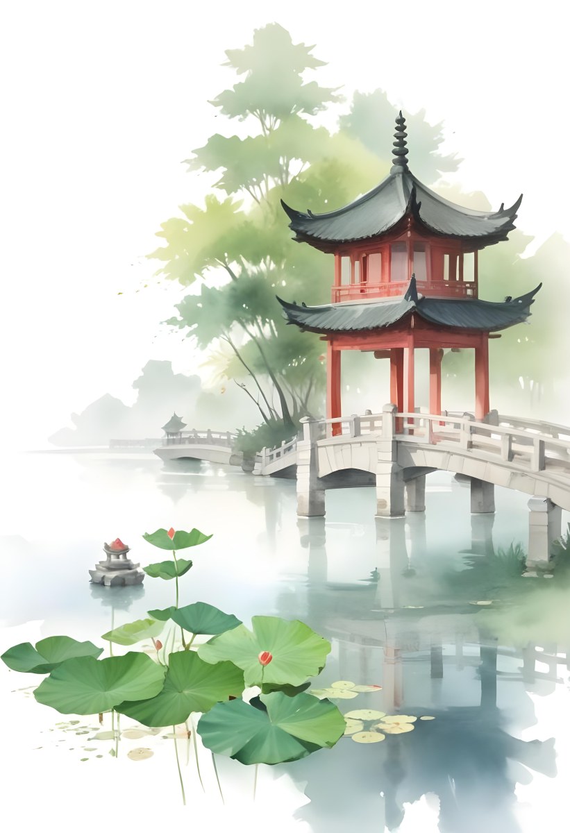 Watercolor Painting A Chinese Pagoda On A Bridge With Lotus Flowers In The Foreground Creative Detailed Brush Stroke Minimal Spalsh 48 B3f4