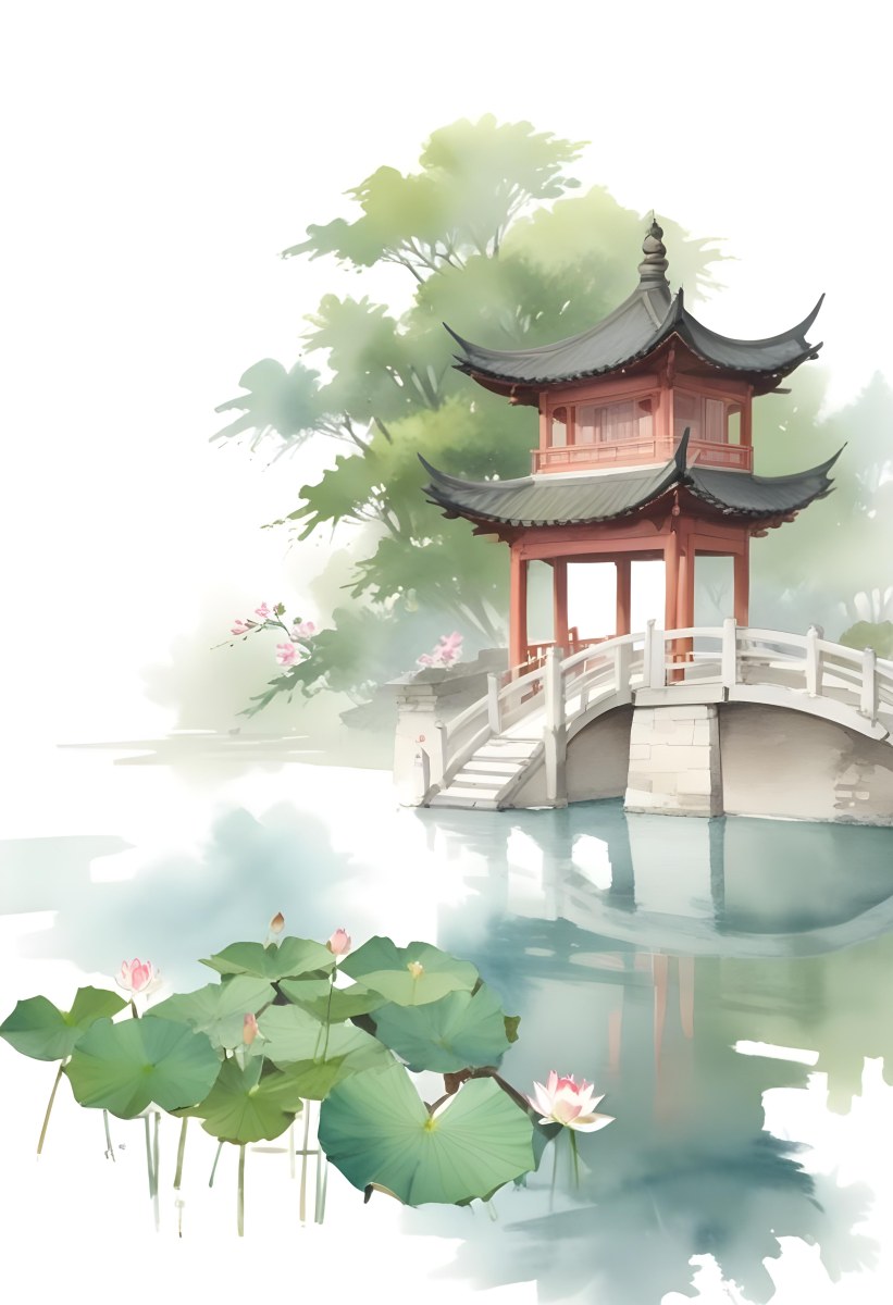 Watercolor Painting A Chinese Pagoda On A Bridge With Lotus Flowers In The Foreground Creative Detailed Brush Stroke Minimal Spalsh 49 3736