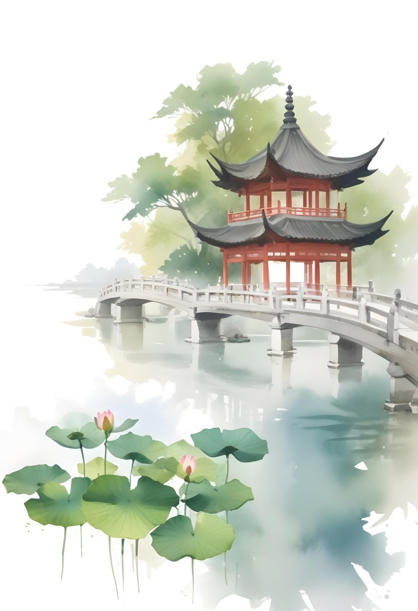 Watercolor Painting A Chinese Pagoda On A Bridge With Lotus Flowers In The Foreground Creative Detailed Brush Stroke Minimal Spalsh 5 7bb6