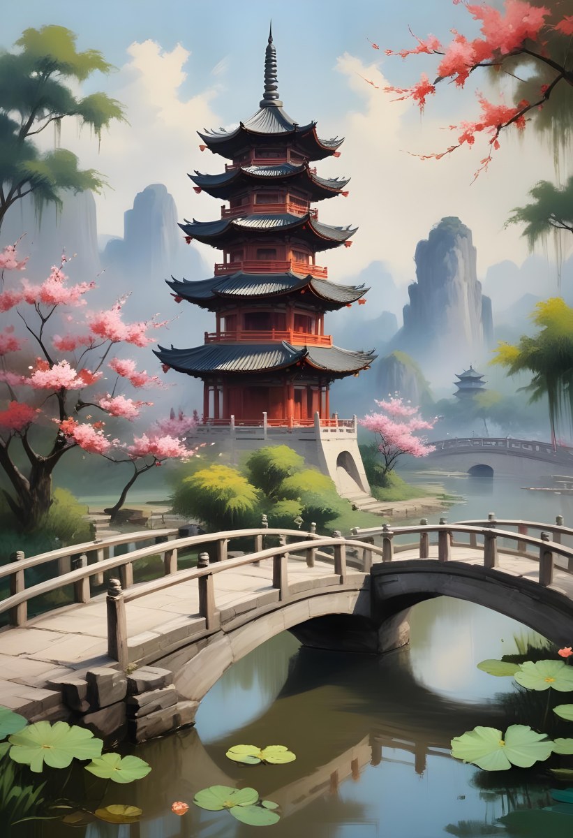 Watercolor Painting A Chinese Pagoda On A Bridge With Lotus Flowers In The Foreground Creative Detailed Brush Stroke Minimal Spalsh 6 C2e1