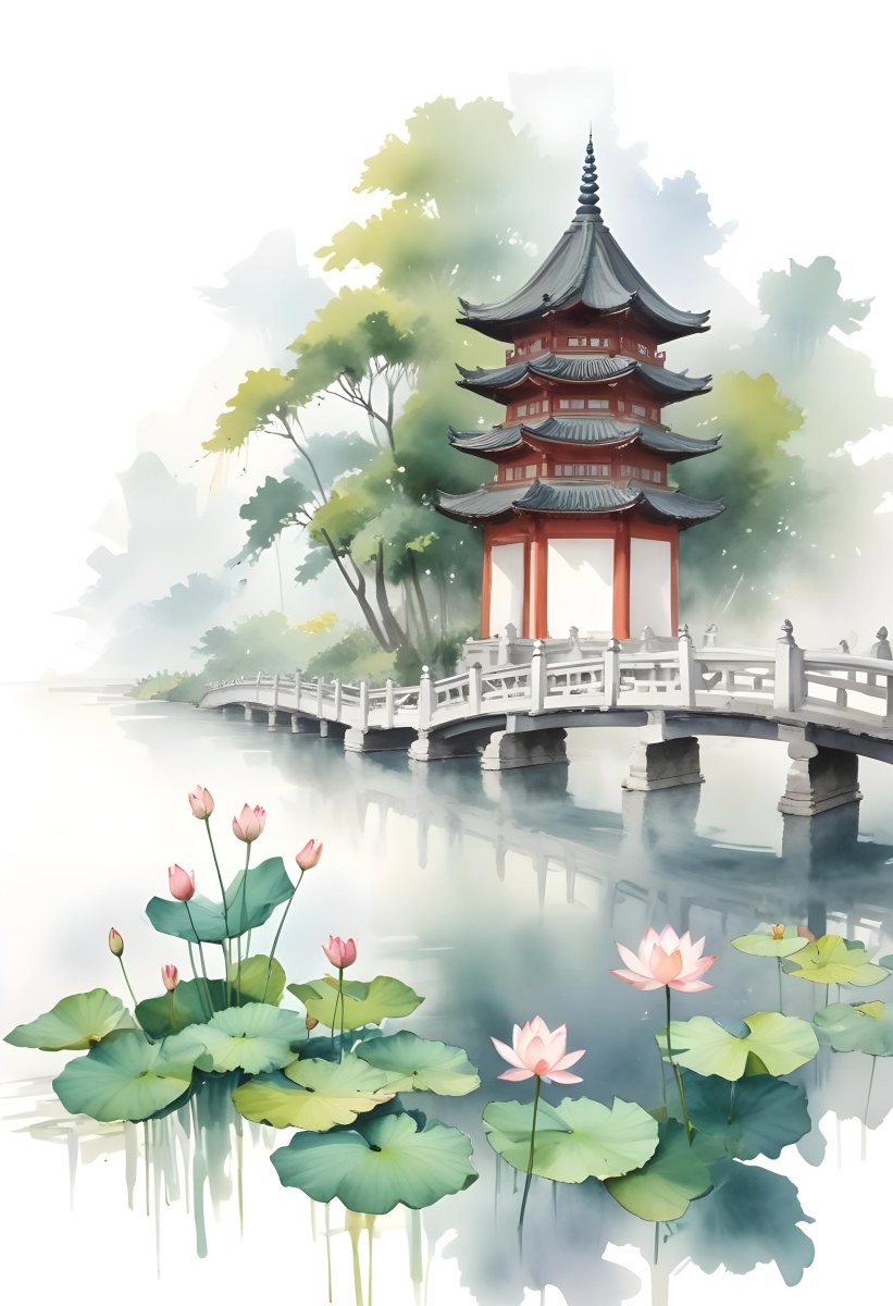 Watercolor Painting A Chinese Pagoda On A Bridge With Lotus Flowers In The Foreground Creative Detailed Brush Stroke Minimal Spalsh 7 4b85