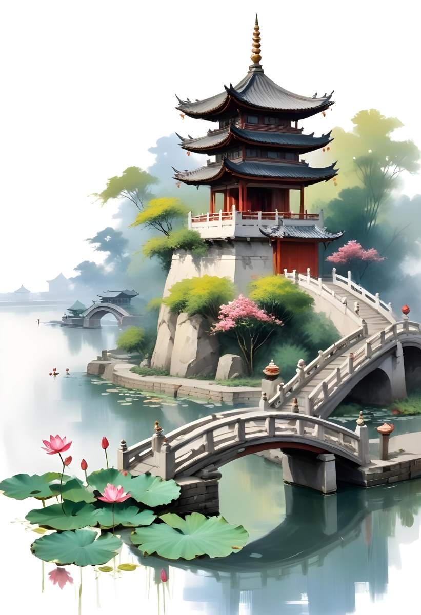 Watercolor Painting A Chinese Pagoda On A Bridge With Lotus Flowers In The Foreground Creative Detailed Brush Stroke Minimal Spalsh 8 Ad70