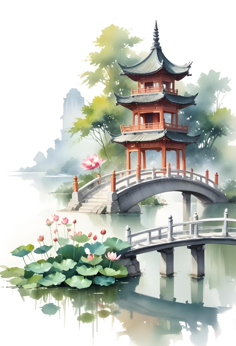 Watercolor Painting A Chinese Pagoda On A Bridge With Lotus Flowers In The Foreground Creative Detailed Brush Stroke Minimal Spalsh 9 1b7b