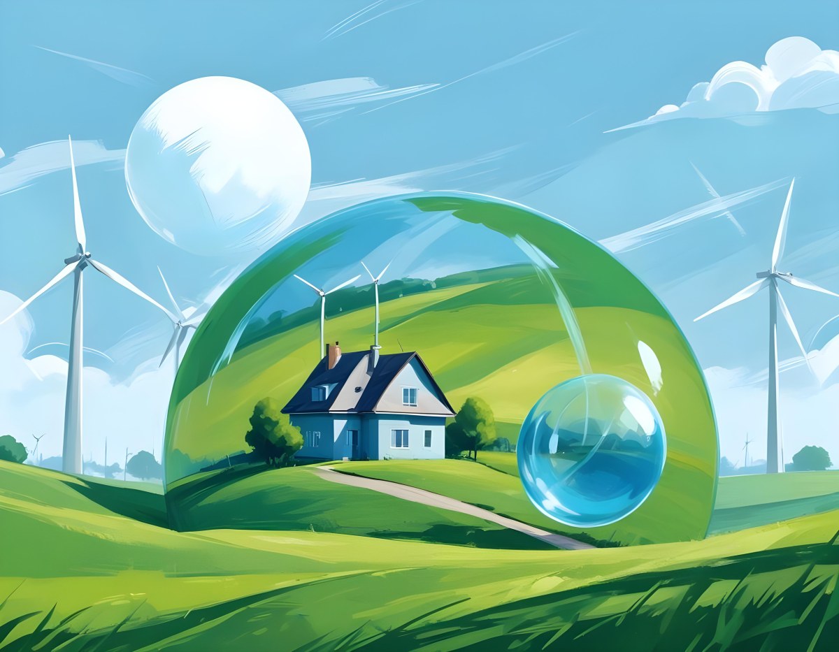 Wind Turbines And A House Inside A Blue Bubble On A Green Grass Field With A Bright Blue Sky Background 50 Fce9