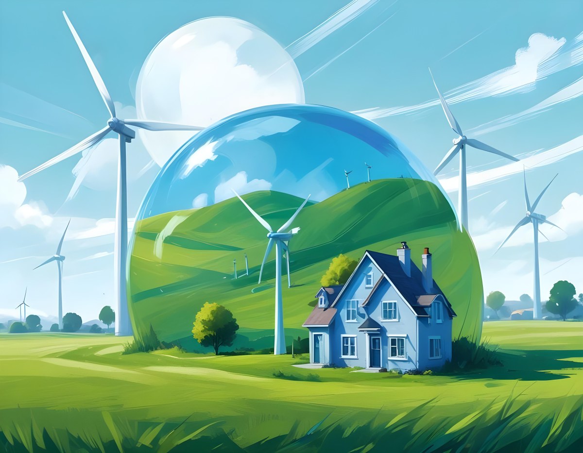 Wind Turbines And A House Inside A Blue Bubble On A Green Grass Field With A Bright Blue Sky Background 6 8bf5