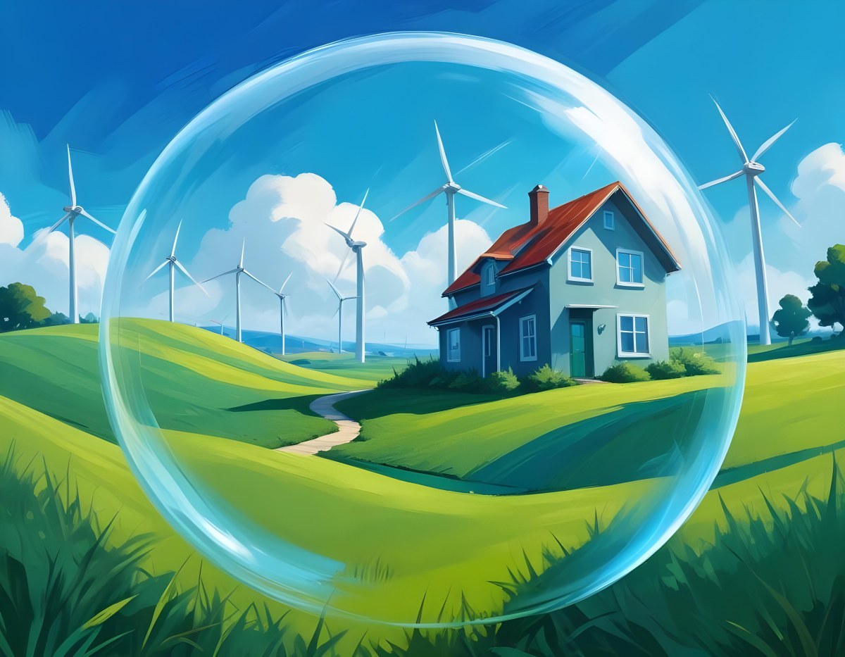 Wind Turbines And A House Inside A Blue Bubble On A Green Grass Field With A Bright Blue Sky Background 7 A107
