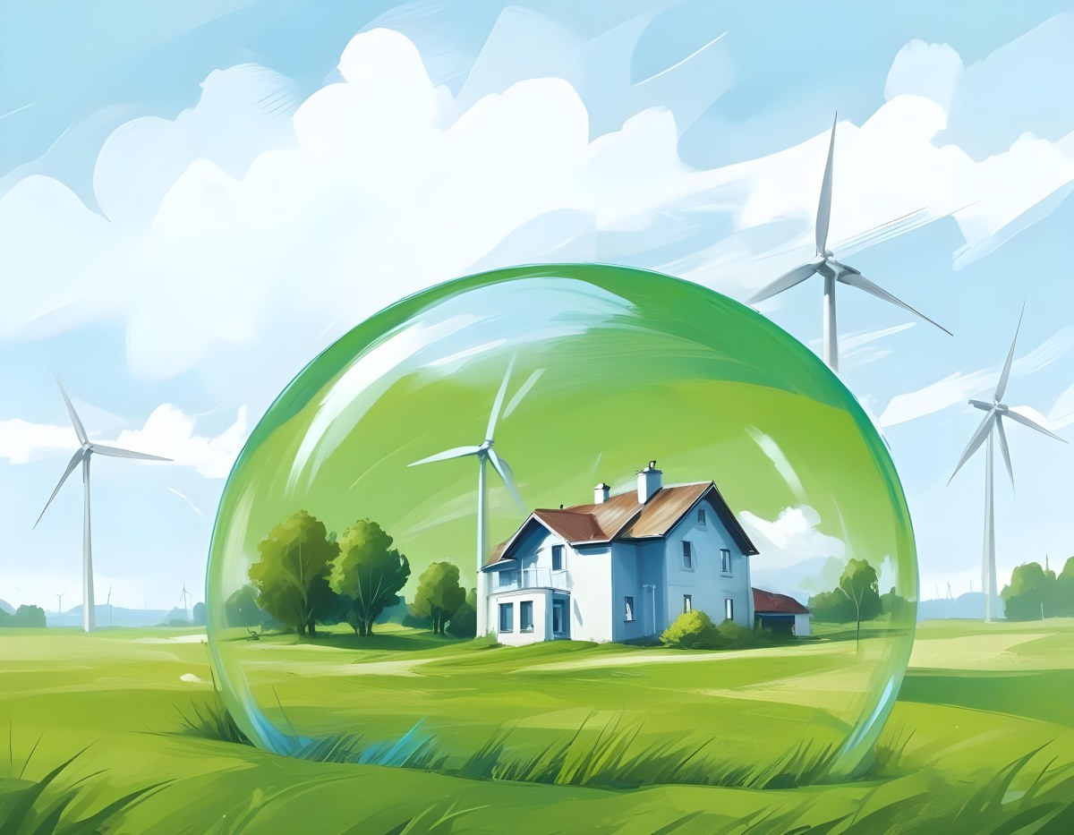 Wind Turbines And A House Inside A Blue Bubble On A Green Grass Field With A Bright Blue Sky Background 8 3567