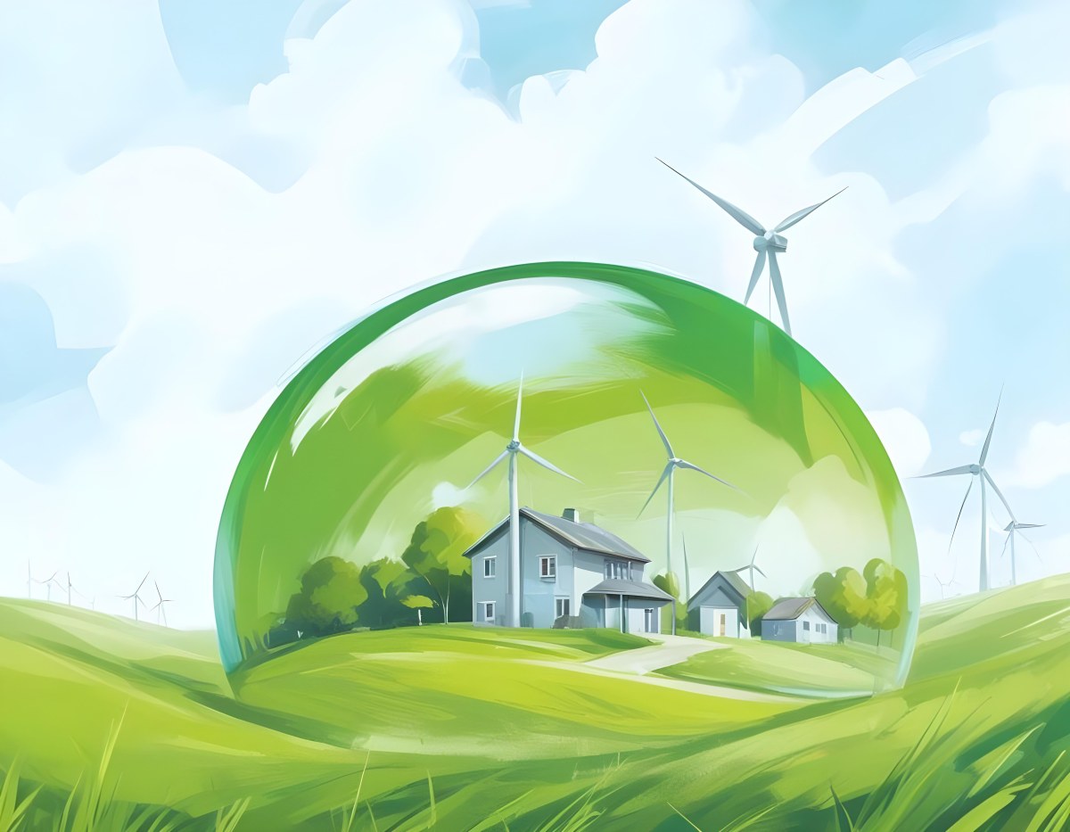 Wind Turbines And A House Inside A Blue Bubble On A Green Grass Field With A Bright Blue Sky Background 9 5e39