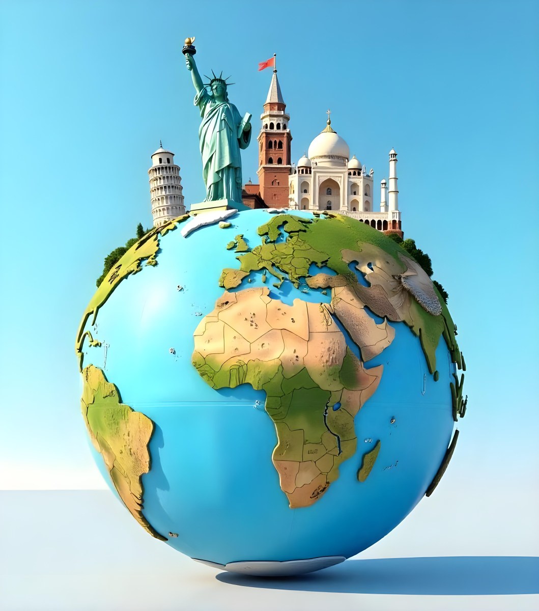 World Globe With Statue Of Liberty Leaning Tower Of Pisa Saint Basil S Cathedral Moai And Taj Mahal On Top Blue Sky Background 33 53dd