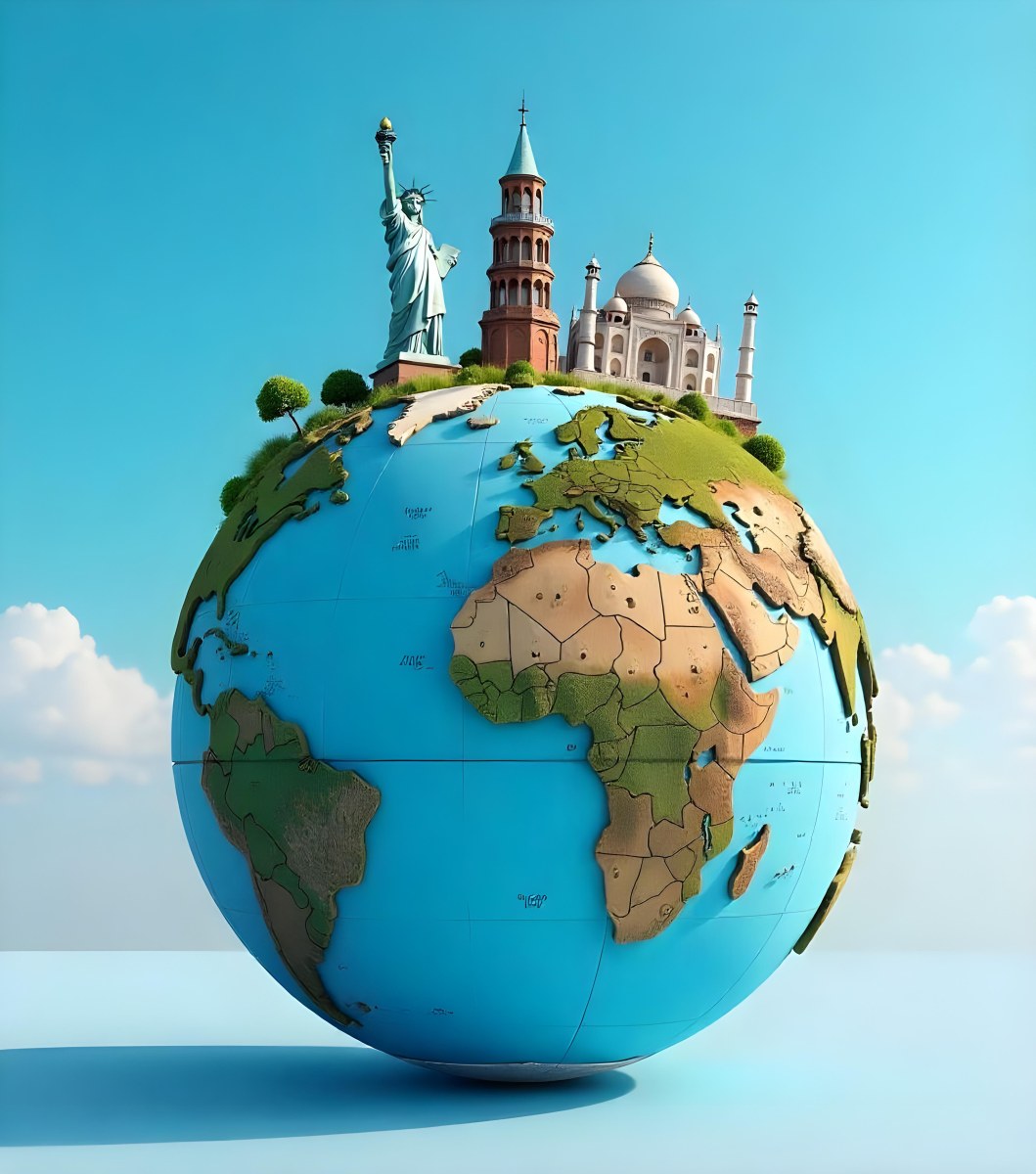World Globe With Statue Of Liberty Leaning Tower Of Pisa Saint Basil S Cathedral Moai And Taj Mahal On Top Blue Sky Background 35 6e75