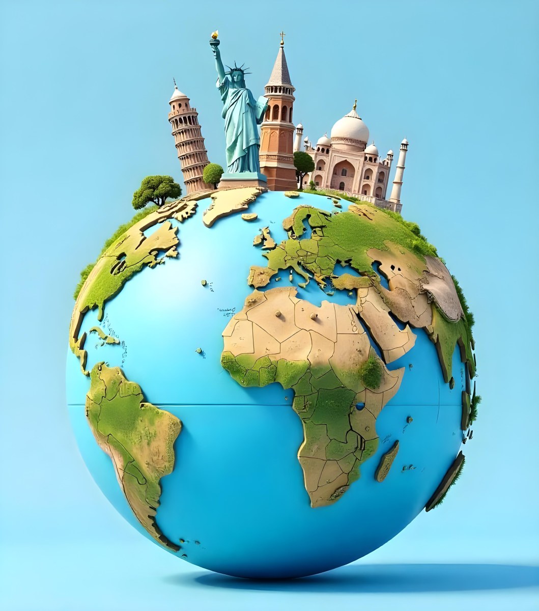 World Globe With Statue Of Liberty Leaning Tower Of Pisa Saint Basil S Cathedral Moai And Taj Mahal On Top Blue Sky Background 36 Fe50