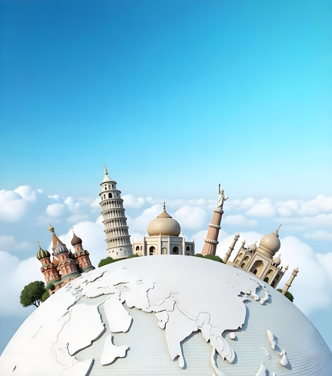 World Globe With Statue Of Liberty Leaning Tower Of Pisa Saint Basil S Cathedral Moai And Taj Mahal On Top Blue Sky Background 38 A315