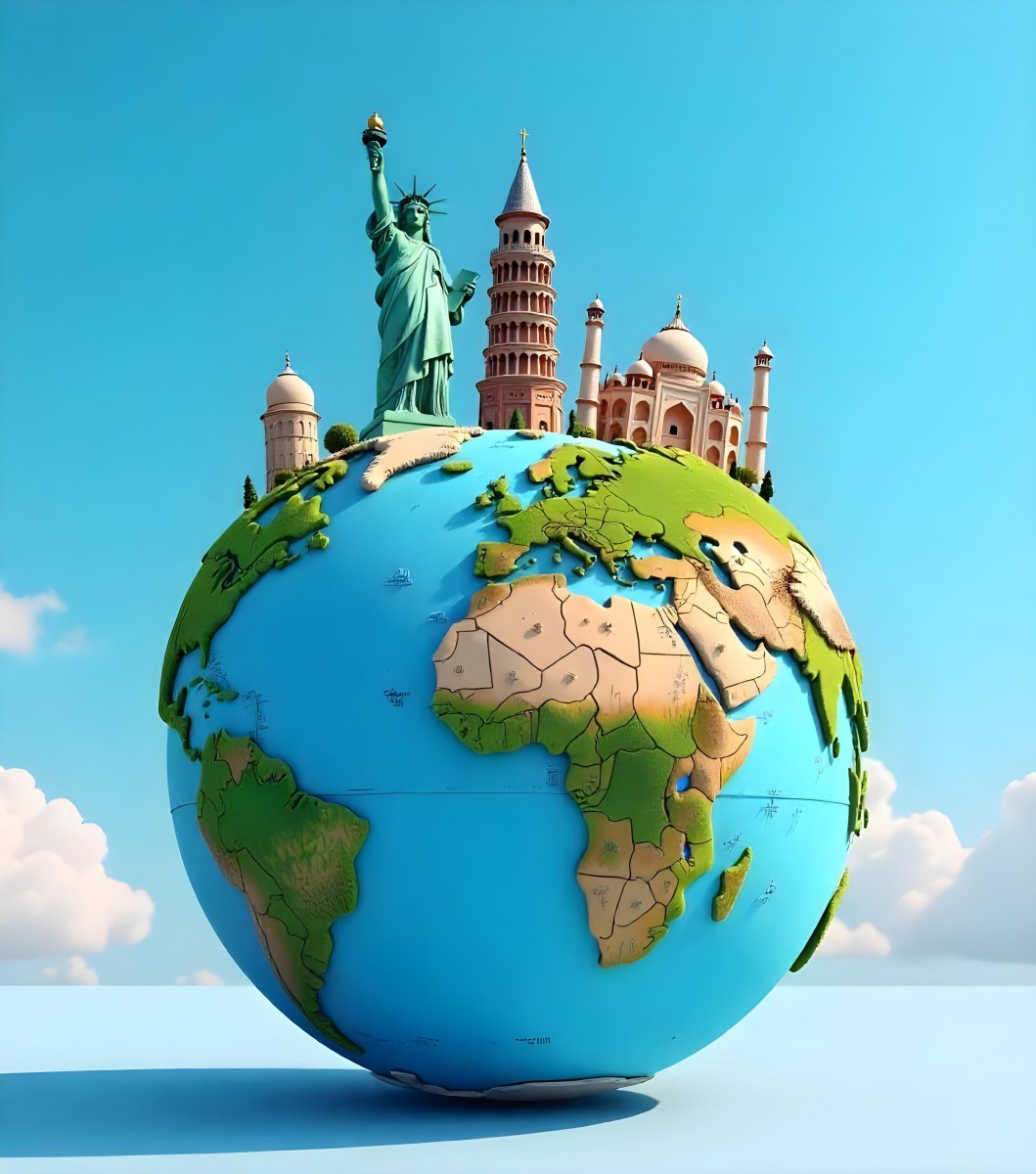 World Globe With Statue Of Liberty Leaning Tower Of Pisa Saint Basil S Cathedral Moai And Taj Mahal On Top Blue Sky Background 4 Ce4e