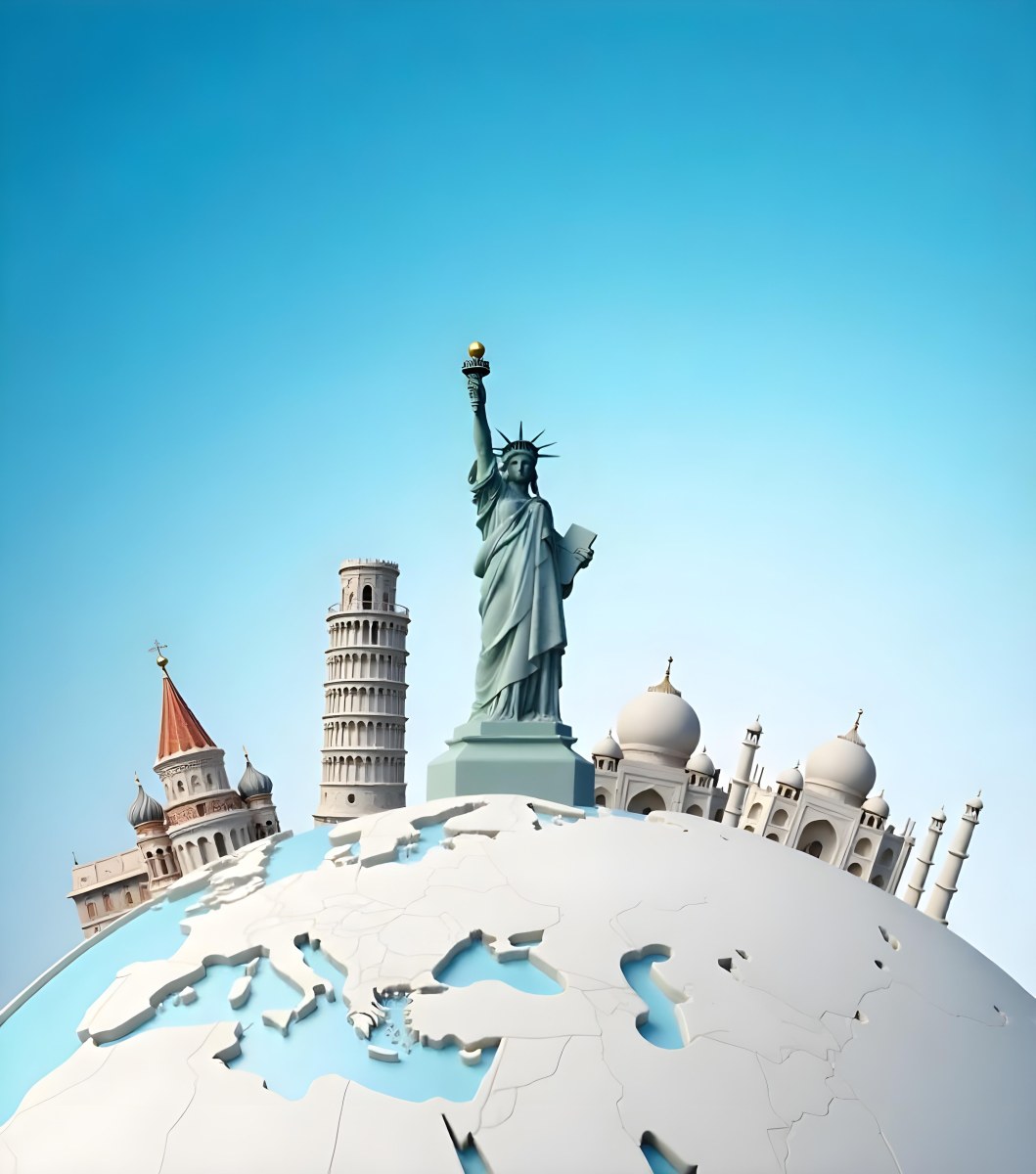 World Globe With Statue Of Liberty Leaning Tower Of Pisa Saint Basil S Cathedral Moai And Taj Mahal On Top Blue Sky Background 5 A264