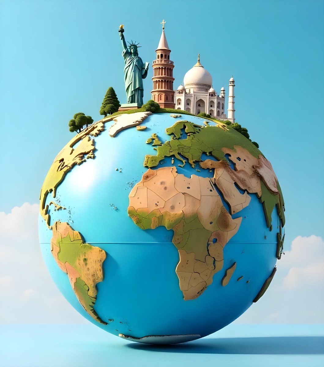 World Globe With Statue Of Liberty Leaning Tower Of Pisa Saint Basil S Cathedral Moai And Taj Mahal On Top Blue Sky Background 6 4ce7
