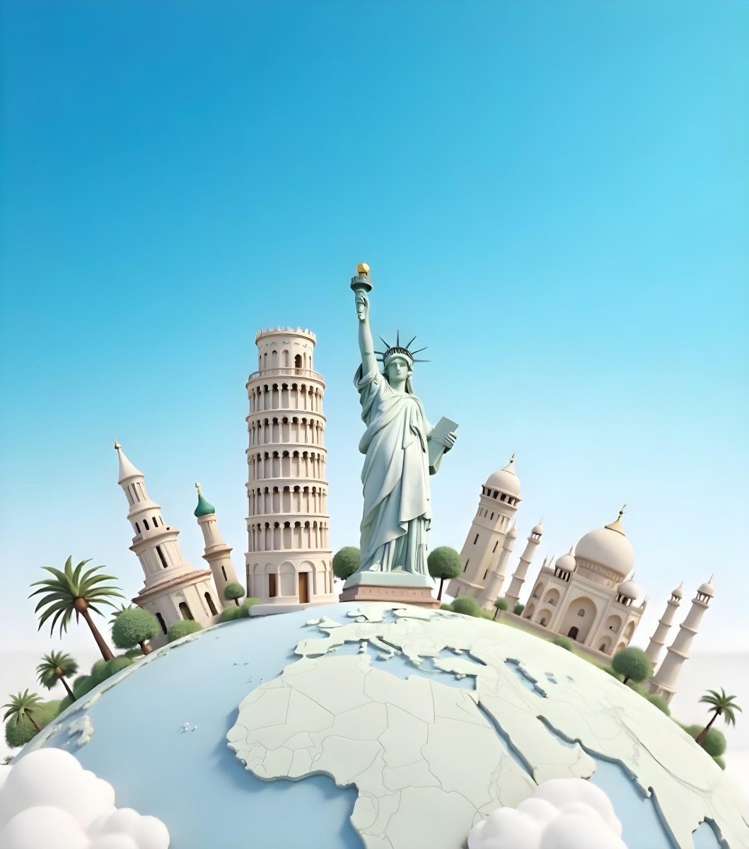 World Globe With Statue Of Liberty Leaning Tower Of Pisa Saint Basil S Cathedral Moai And Taj Mahal On Top Blue Sky Background 7 19c4
