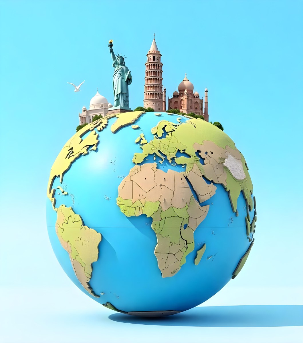 World Globe With Statue Of Liberty Leaning Tower Of Pisa Saint Basil S Cathedral Moai And Taj Mahal On Top Blue Sky Background 8 197e