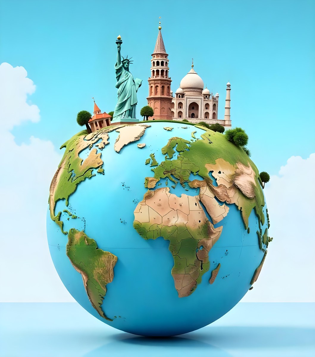 World Globe With Statue Of Liberty Leaning Tower Of Pisa Saint Basil S Cathedral Moai And Taj Mahal On Top Blue Sky Background 9 8962