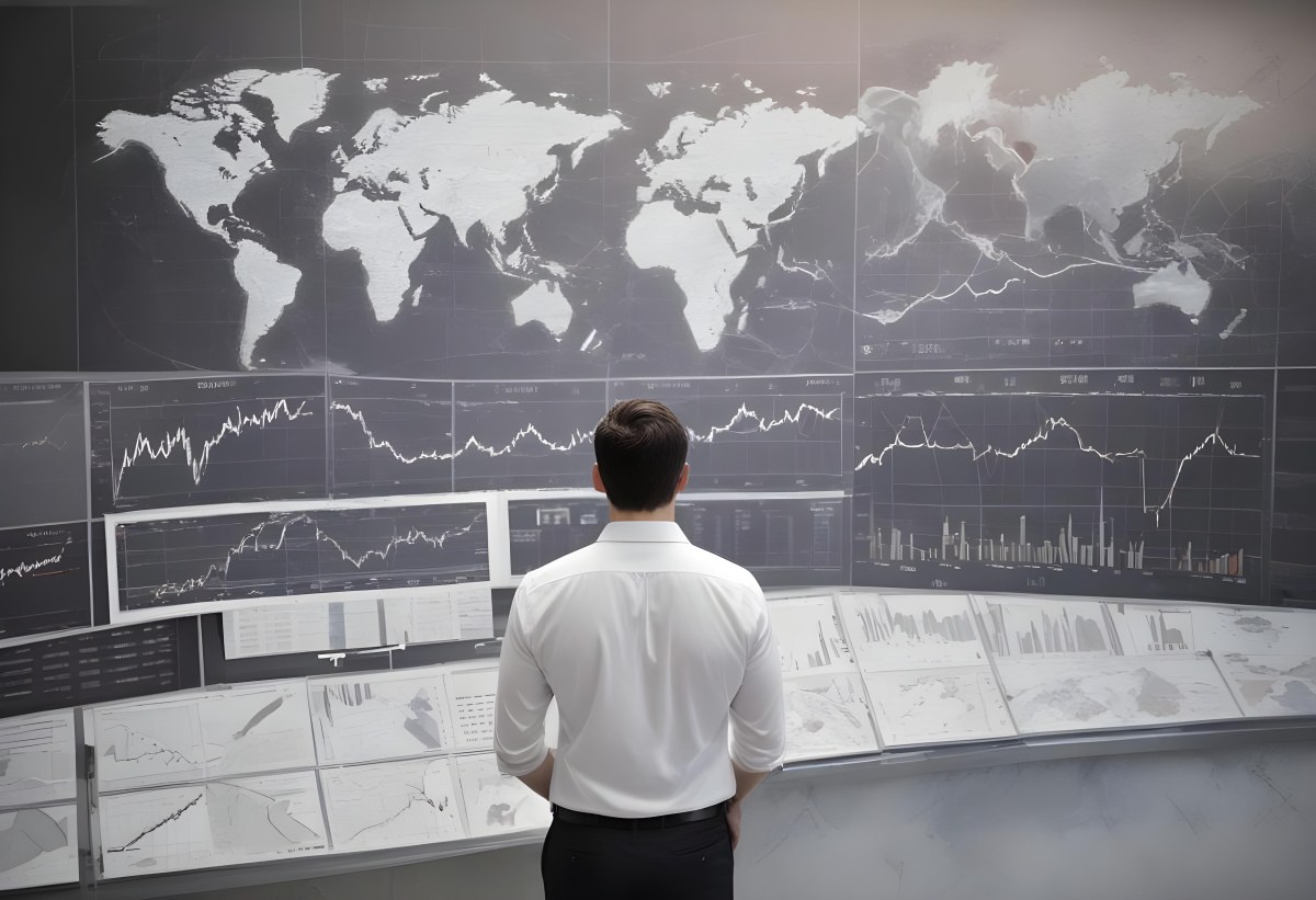 A 35 Year Old White Man With Short Dark Hair Wearing A White Shirt Looking At Stock Market Charts And World Map In A City 2 8f26