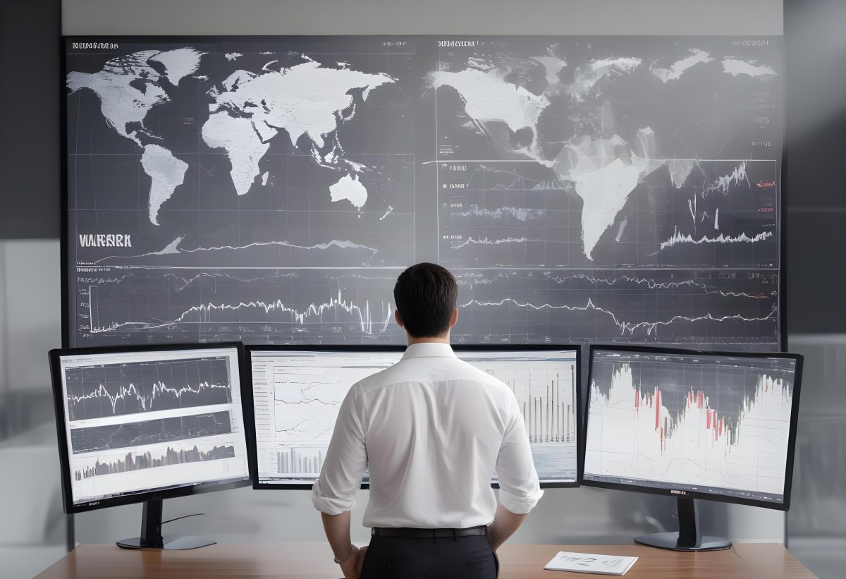 A 35 Year Old White Man With Short Dark Hair Wearing A White Shirt Looking At Stock Market Charts And World Map In A City 3 6dcd