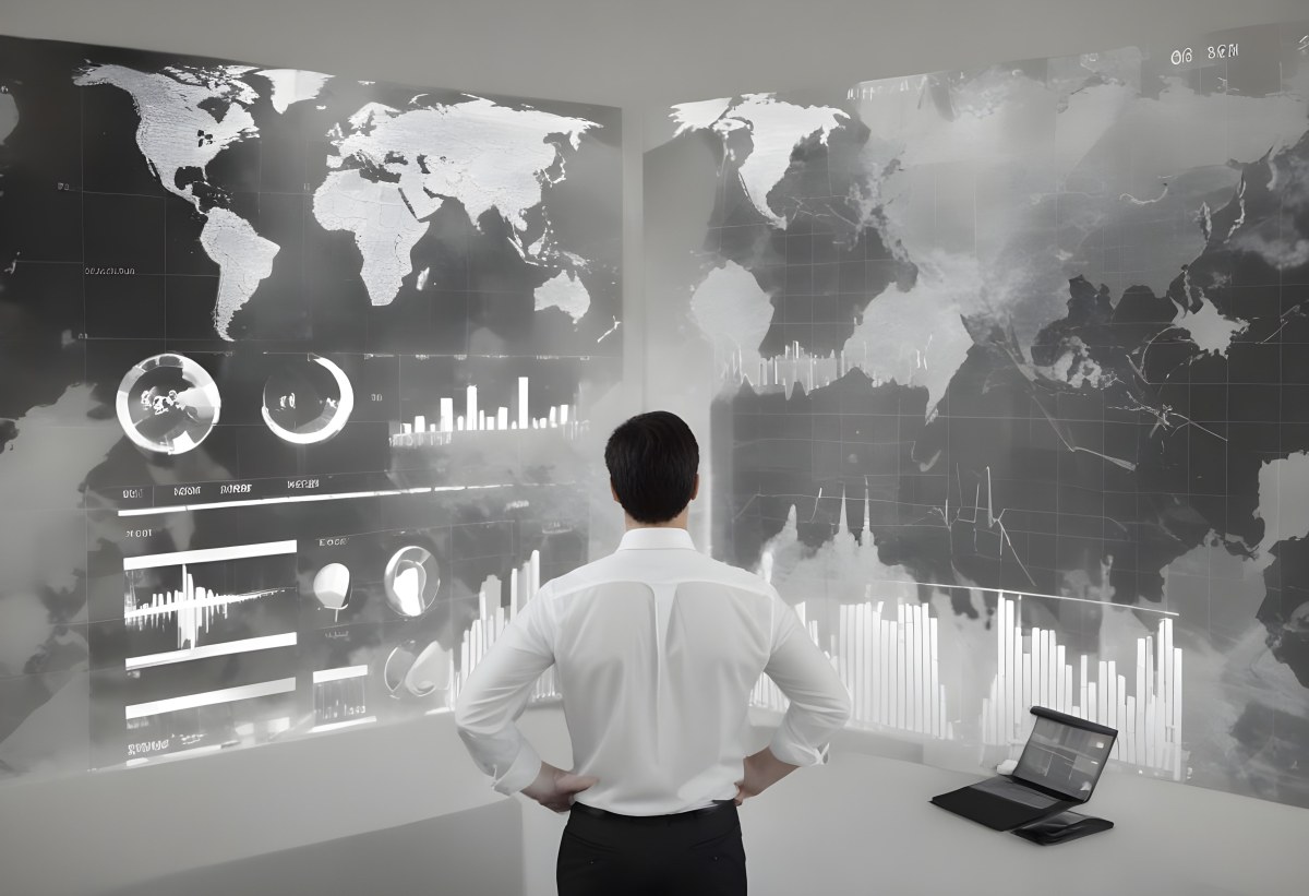 A 35 Year Old White Man With Short Dark Hair Wearing A White Shirt Looking At Stock Market Charts And World Map In A City 4 00f2