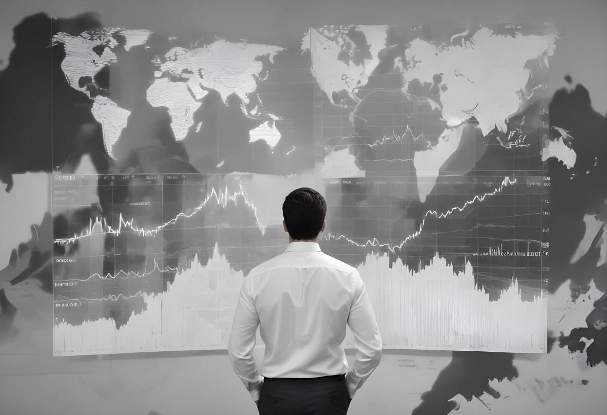A 35 Year Old White Man With Short Dark Hair Wearing A White Shirt Looking At Stock Market Charts And World Map In A City 5 Bf45