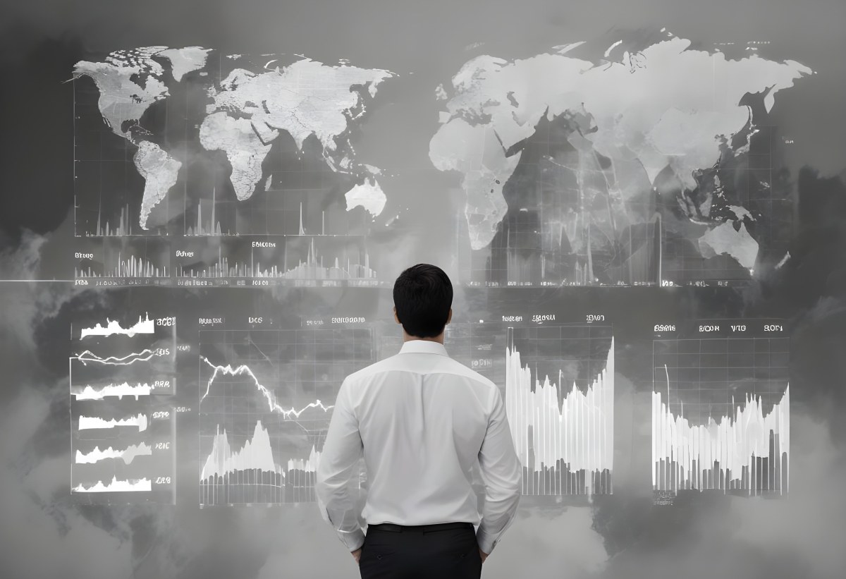 A 35 Year Old White Man With Short Dark Hair Wearing A White Shirt Looking At Stock Market Charts And World Map In A City 6 Eca8