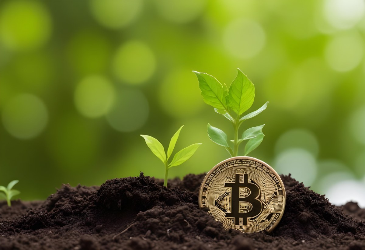 A Bitcoin Coin In The Soil With A Plant Growing Green Background 10 B0aa