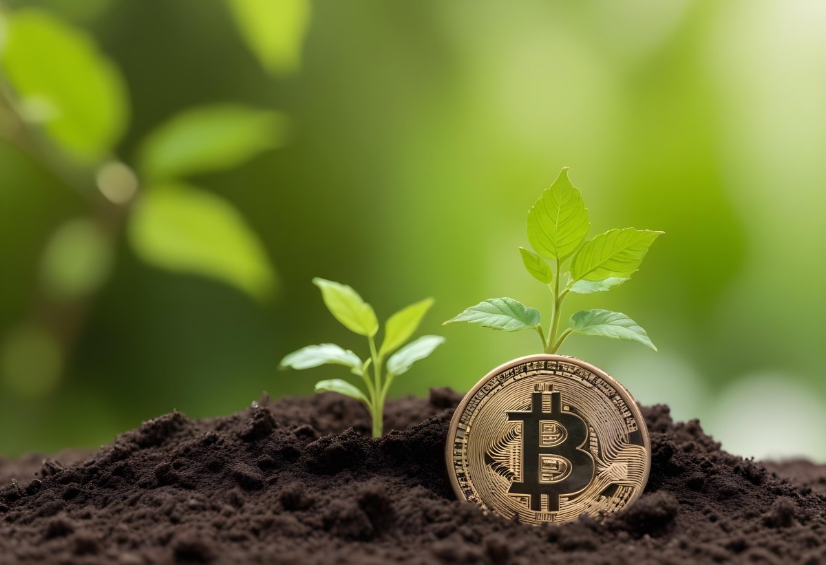 A Bitcoin Coin In The Soil With A Plant Growing Green Background 11 B451