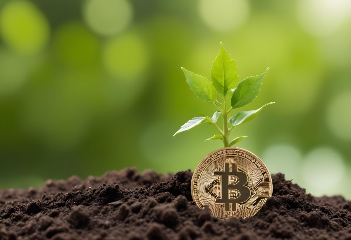A Bitcoin Coin In The Soil With A Plant Growing Green Background 14 712b