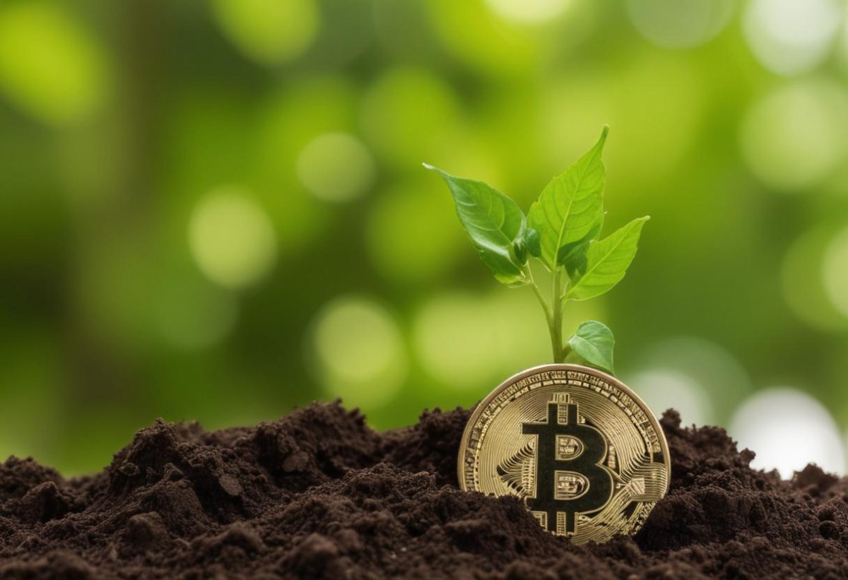 A Bitcoin Coin In The Soil With A Plant Growing Green Background 15 E21c