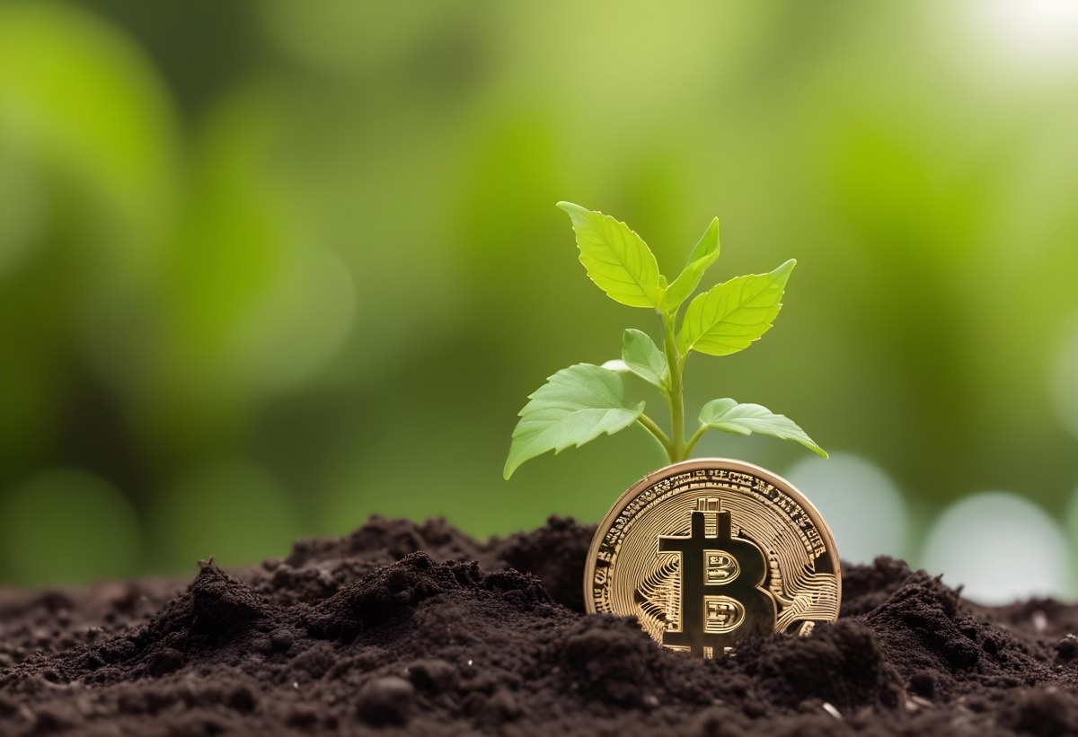 A Bitcoin Coin In The Soil With A Plant Growing Green Background 18 F396