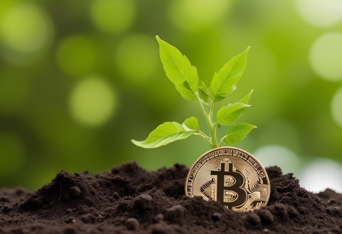 A Bitcoin Coin In The Soil With A Plant Growing Green Background 19 Fa9a