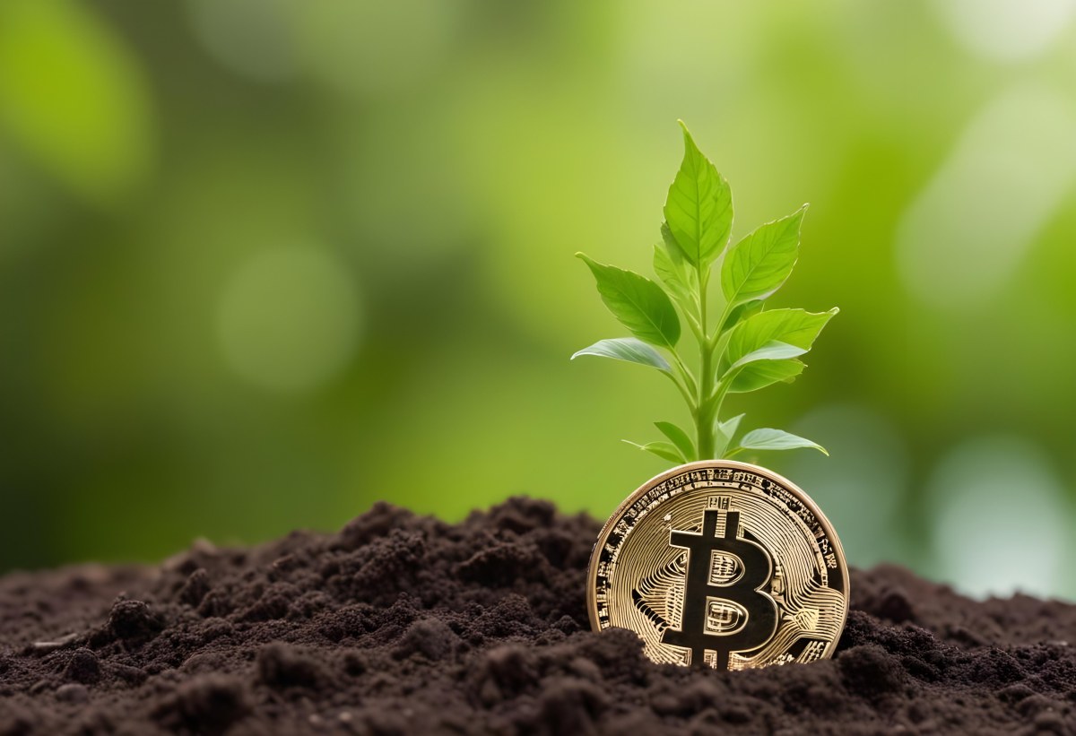 A Bitcoin Coin In The Soil With A Plant Growing Green Background 21 B045