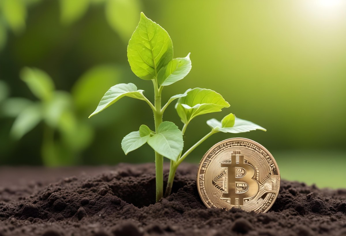 A Bitcoin Coin In The Soil With A Plant Growing Green Background 22 F545