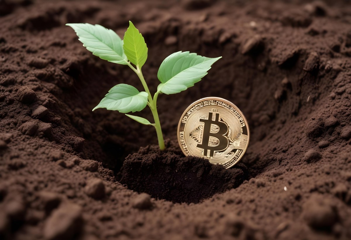 A Bitcoin Coin In The Soil With A Plant Growing Green Background 23 B94b