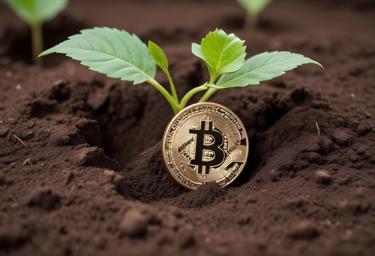 A Bitcoin Coin In The Soil With A Plant Growing Green Background 24 C884
