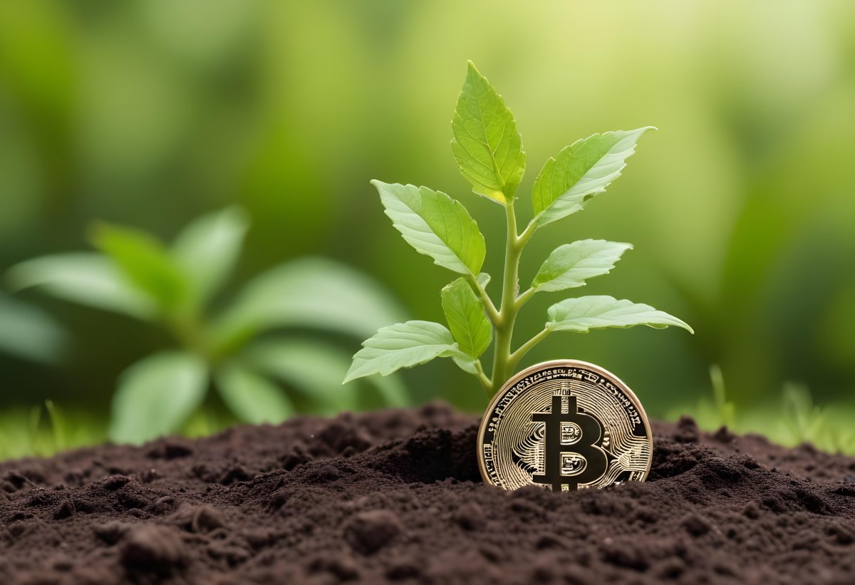 A Bitcoin Coin In The Soil With A Plant Growing Green Background 26 A0dc