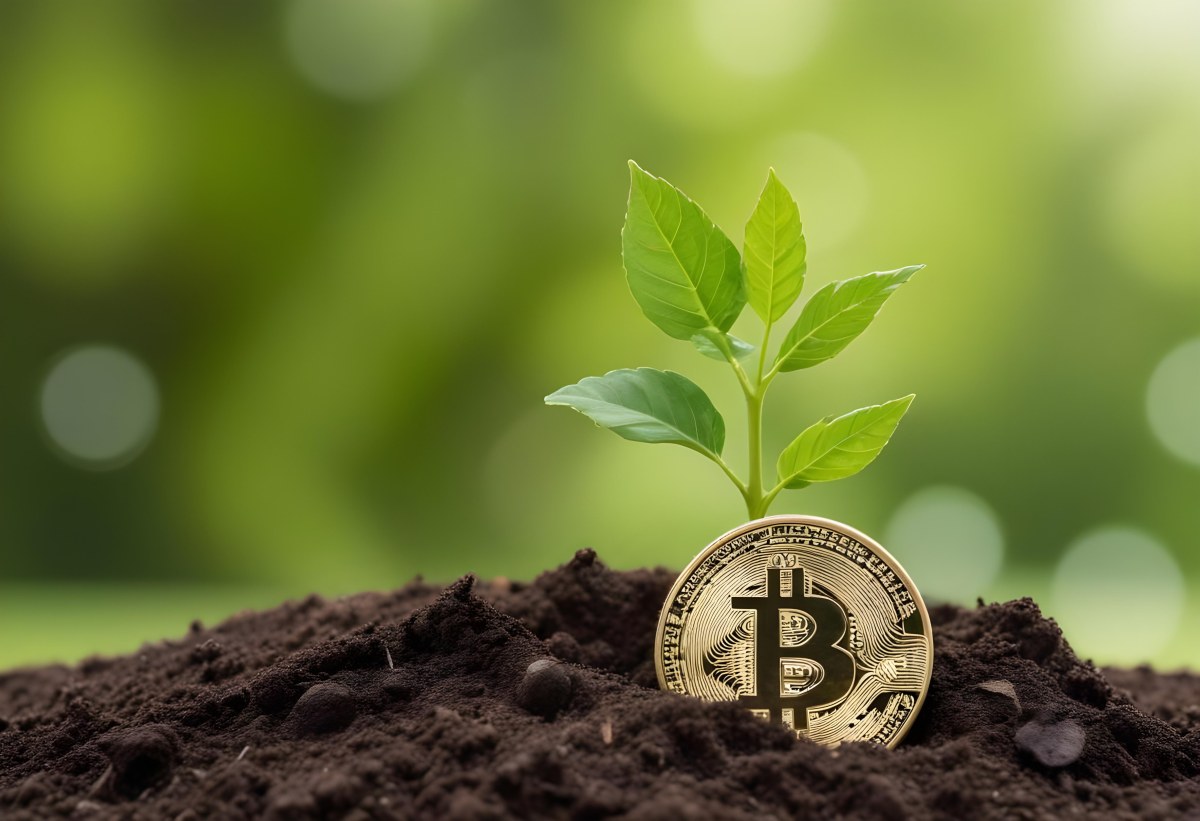 A Bitcoin Coin In The Soil With A Plant Growing Green Background 3 76ac