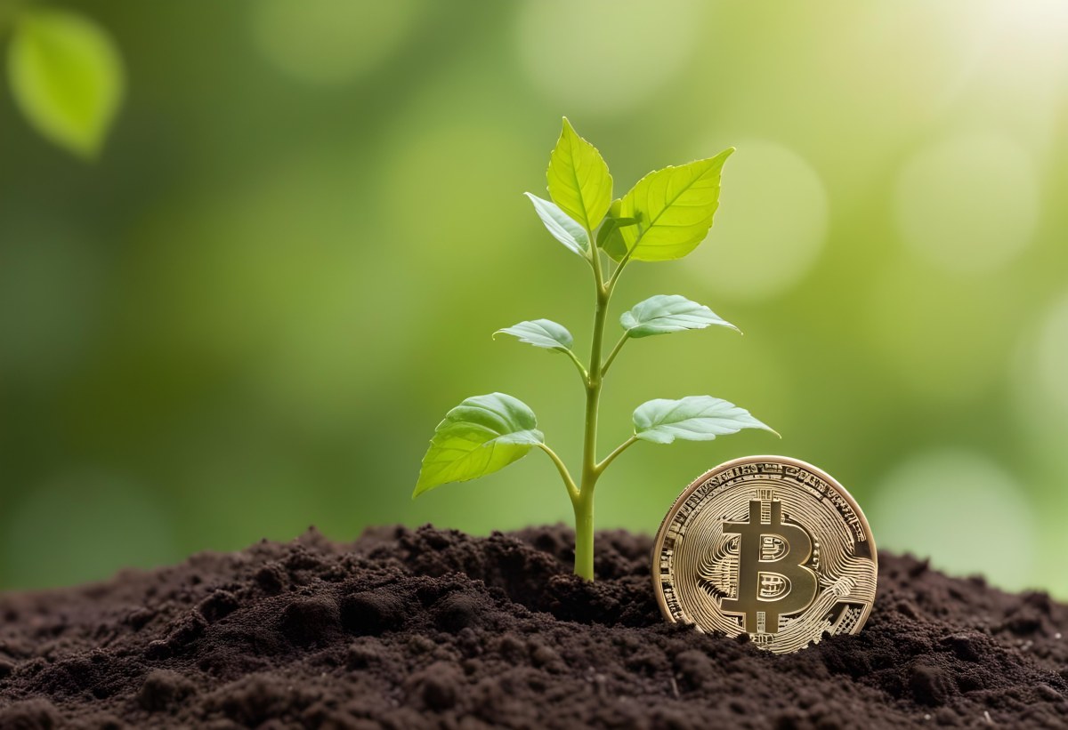A Bitcoin Coin In The Soil With A Plant Growing Green Background 5 91e9