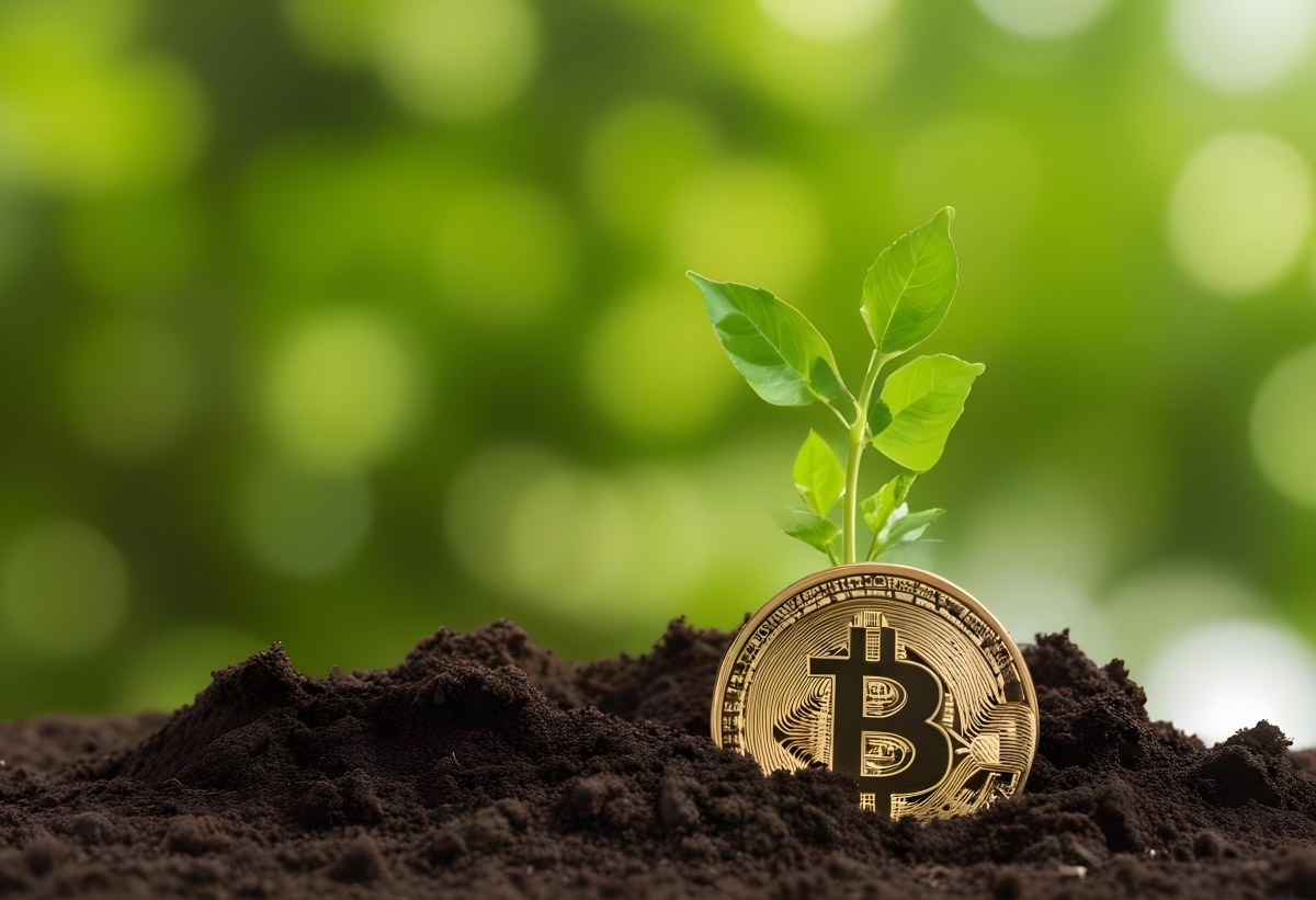 A Bitcoin Coin In The Soil With A Plant Growing Green Background 6 A940