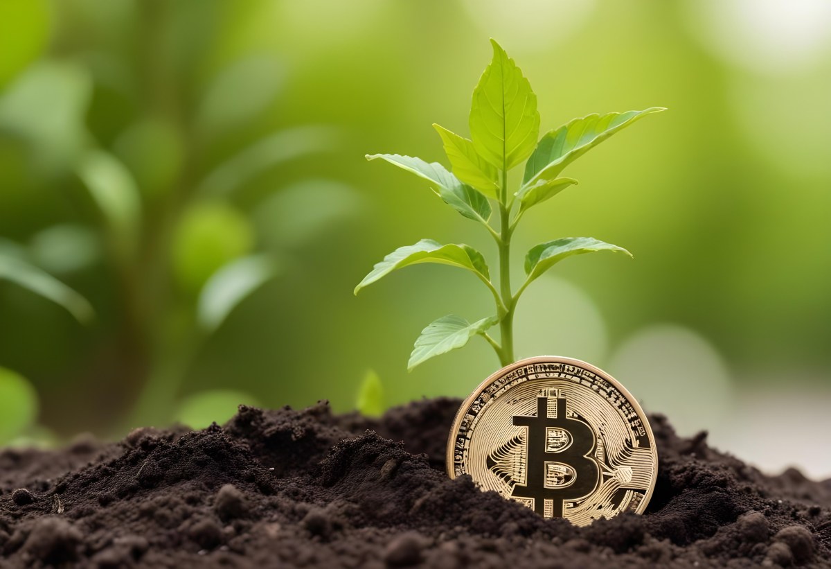 A Bitcoin Coin In The Soil With A Plant Growing Green Background 9 7abf