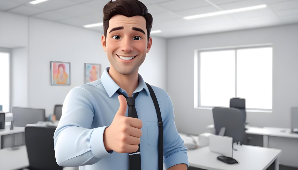 A Caucasian Man 28 Years Old Dark Hair Smiling And Doing A Thumbs Up In A Bright Office 3 45a7